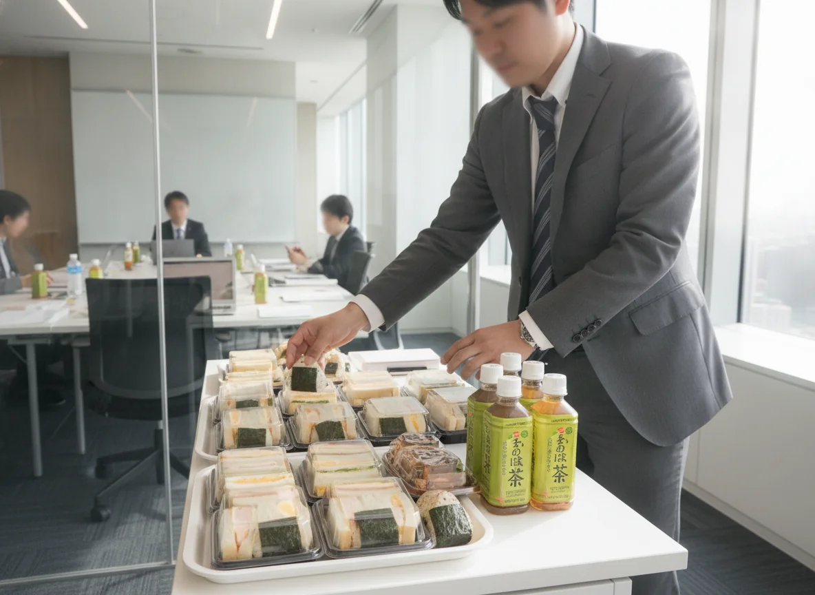 東京のオフィスでの会議・法人ケータリングの配膳